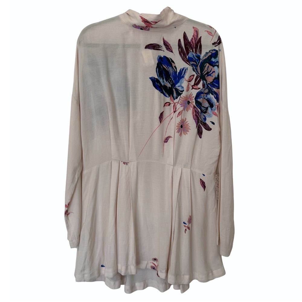Free People Mini Dress Womens M Ivory Floral High Neck Tie Tunic Boho Summer